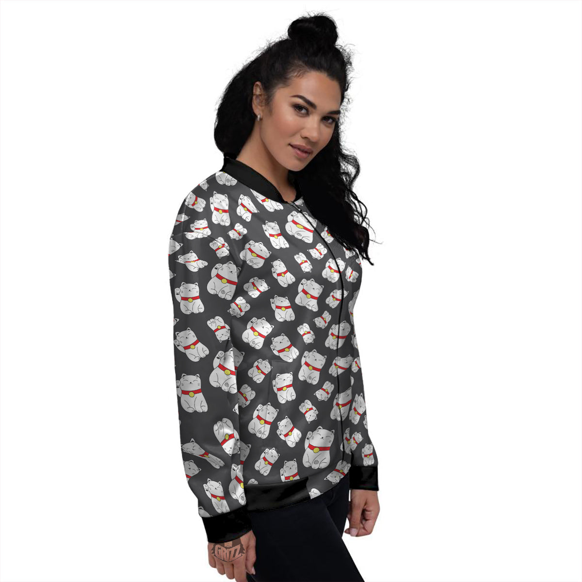 Black And Lucky Cat Print Pattern Women's Bomber Jacket-grizzshop