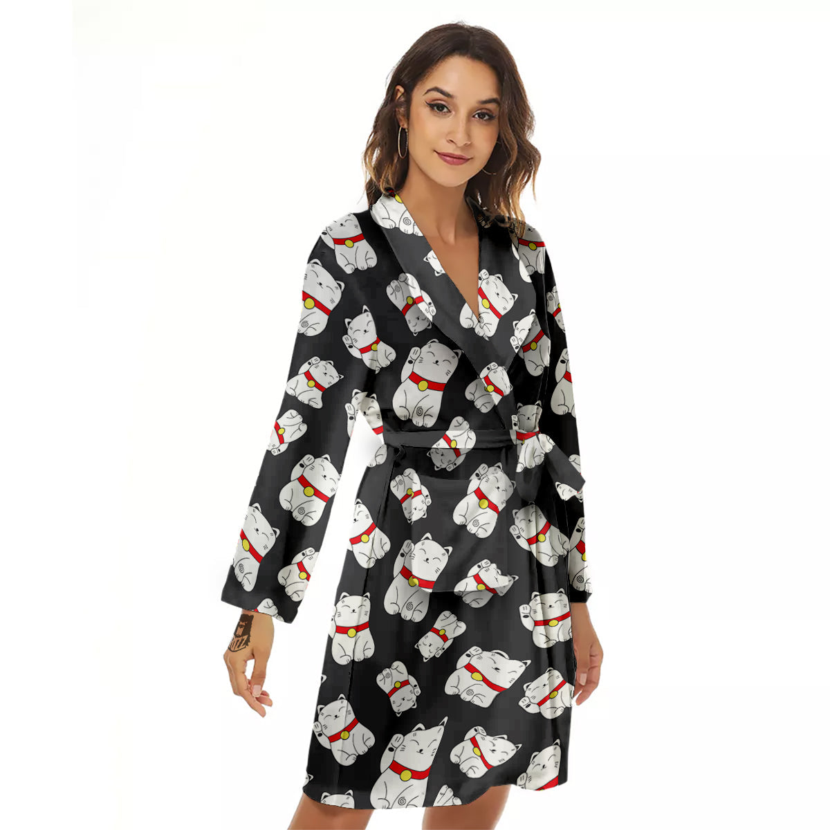 Black And Lucky Cat Print Pattern Women's Robe-grizzshop