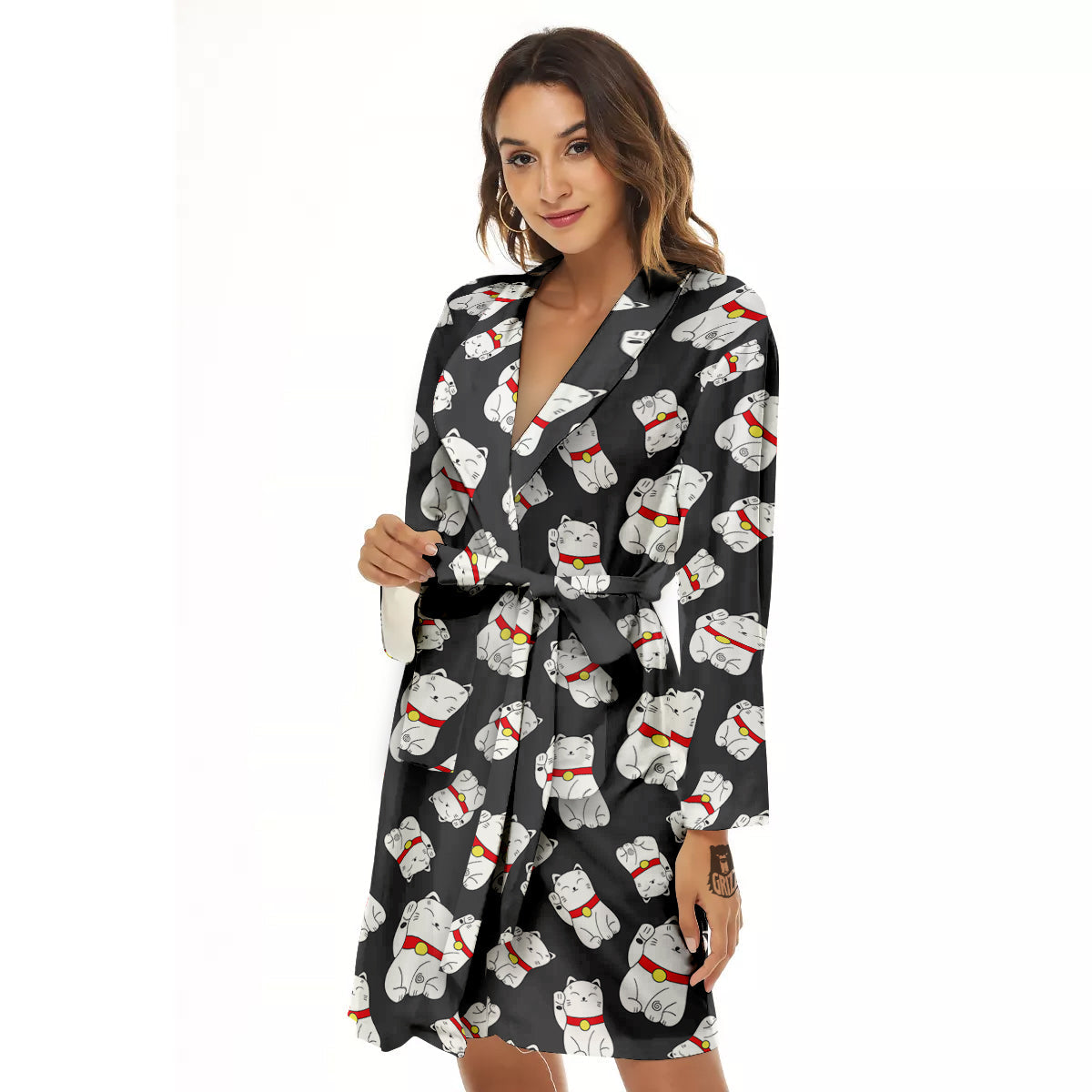 Black And Lucky Cat Print Pattern Women's Robe-grizzshop