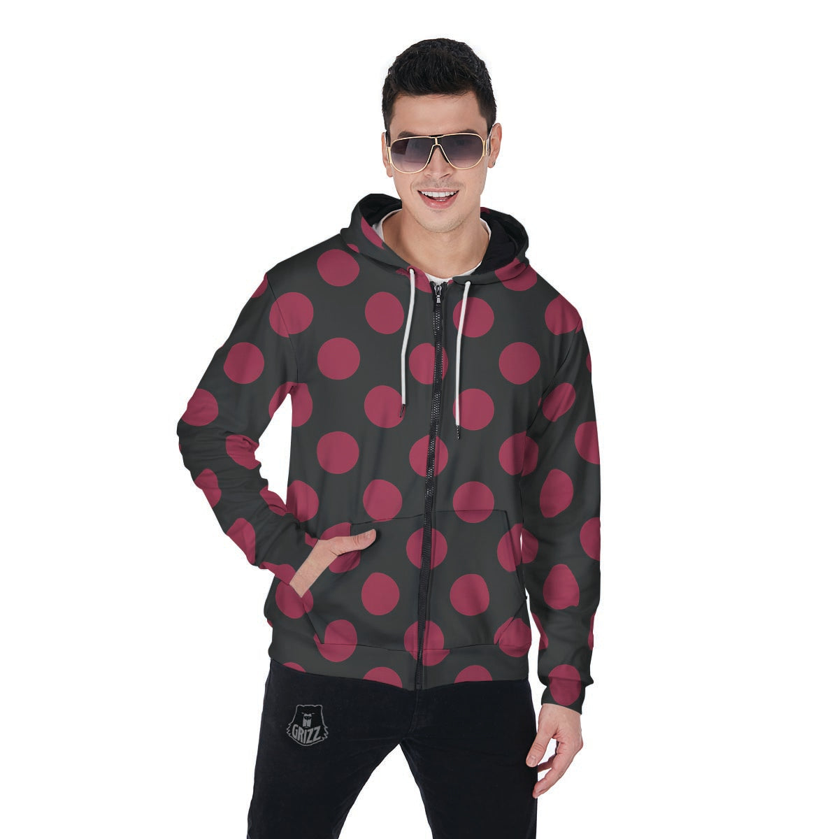 Black And Maroon Polka Dot Men's Zip Up Hoodie-grizzshop