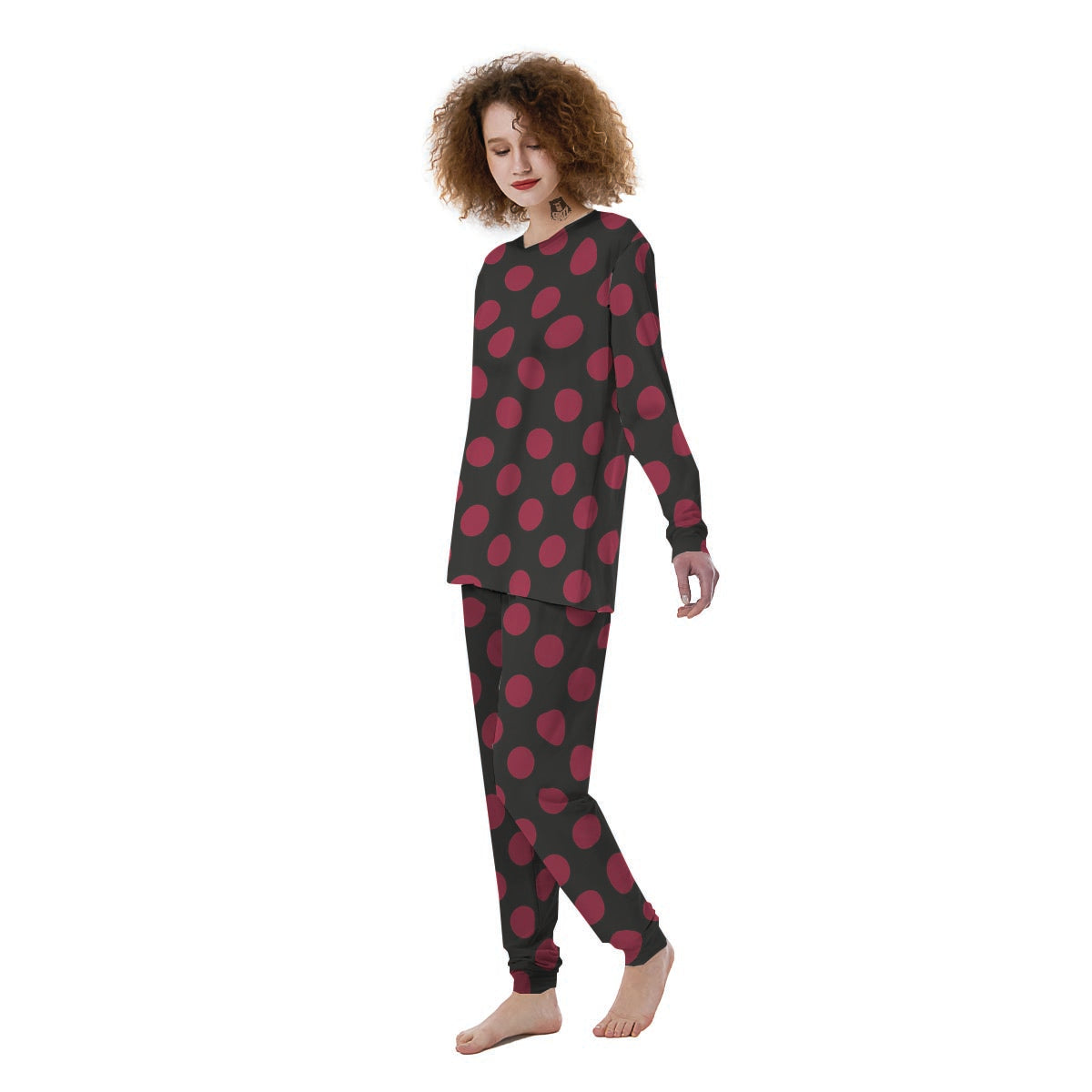 Black And Maroon Polka Dot Women's Pajamas-grizzshop