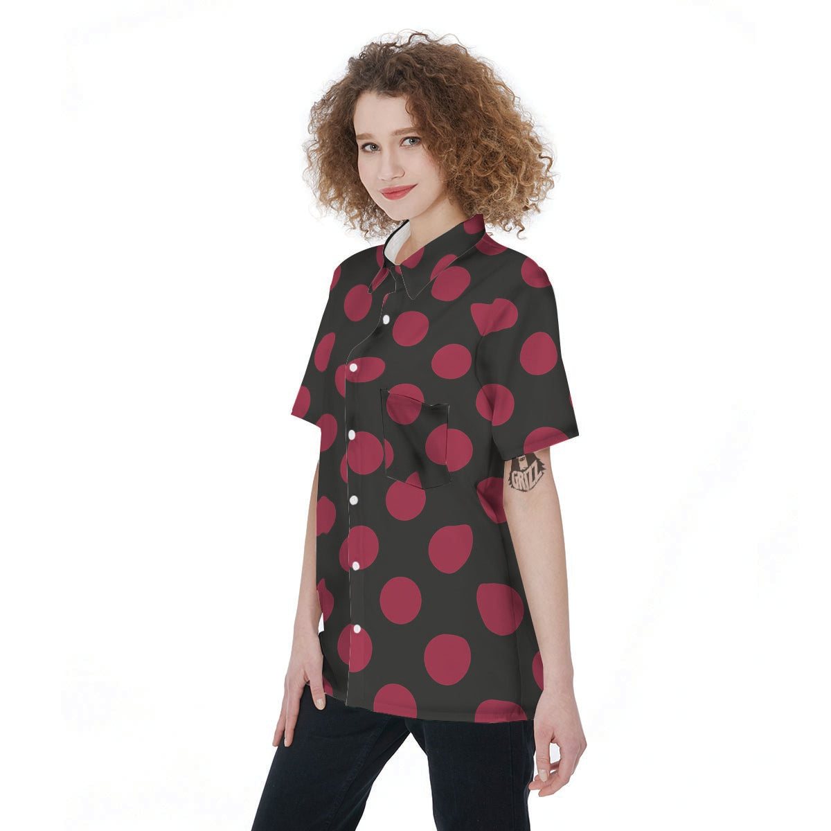 Black And Maroon Polka Dot Women's Short Sleeve Shirts-grizzshop