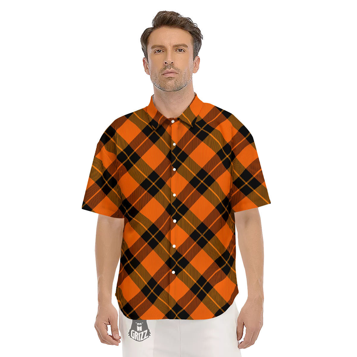 Black And Orange Plaid Print Pattern Men's Short Sleeve Shirts-grizzshop