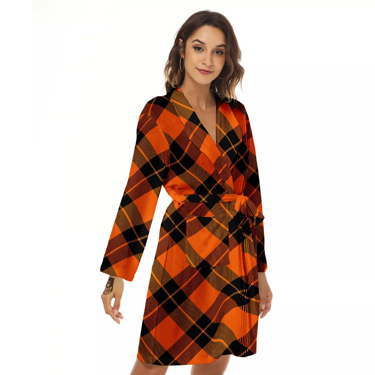 Black And Orange Plaid Print Pattern Women's Robe-grizzshop