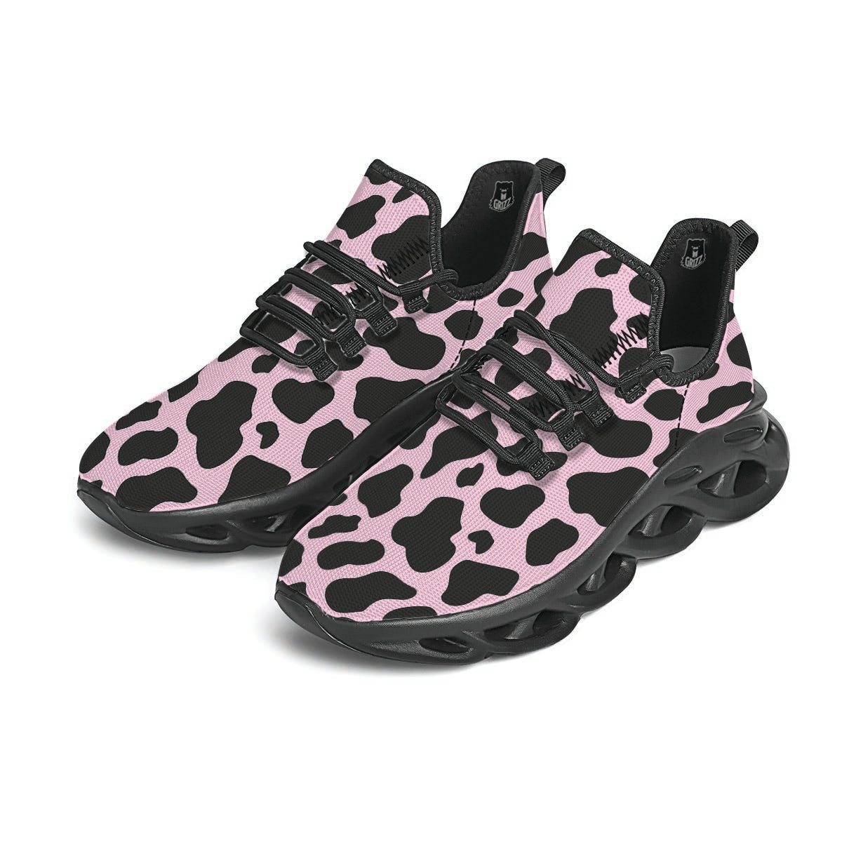Black And Pink Cow Print Black Running Shoes-grizzshop