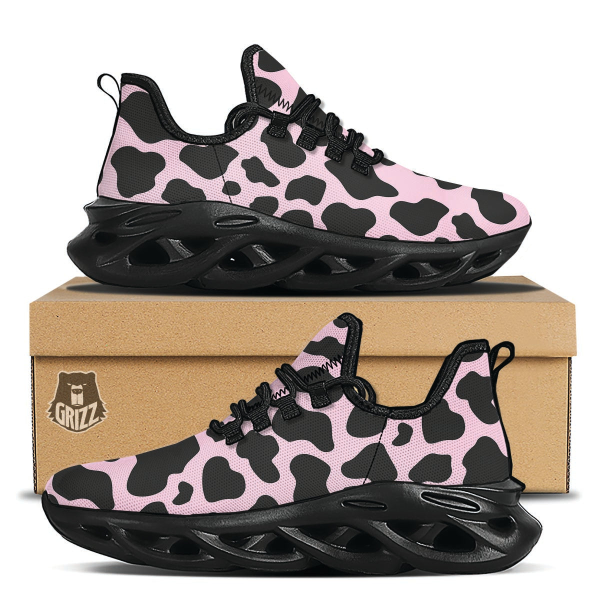 Black And Pink Cow Print Black Running Shoes-grizzshop