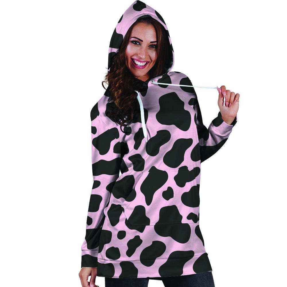 Black And Pink Cow Print Hoodie Dress-grizzshop