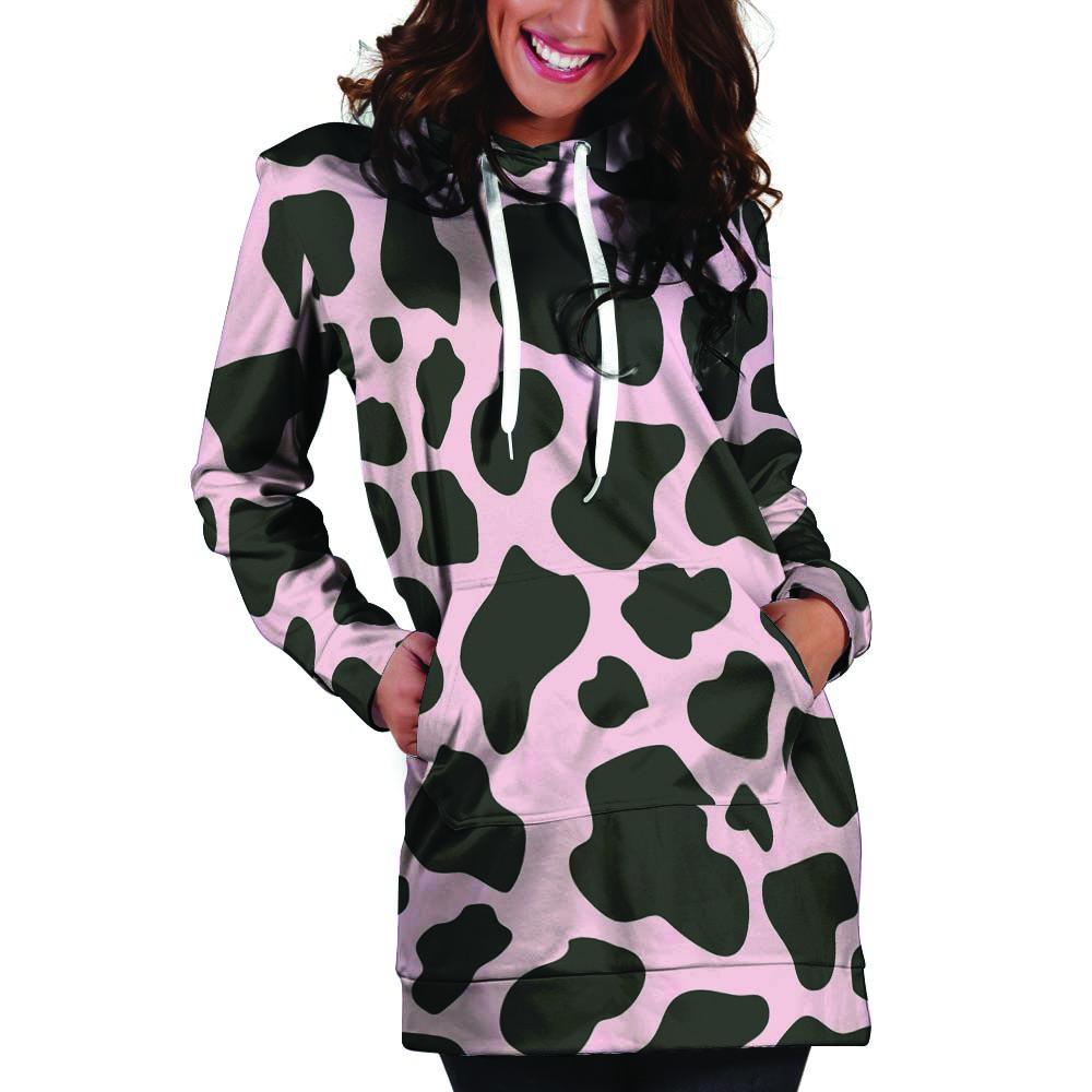 Black And Pink Cow Print Hoodie Dress-grizzshop