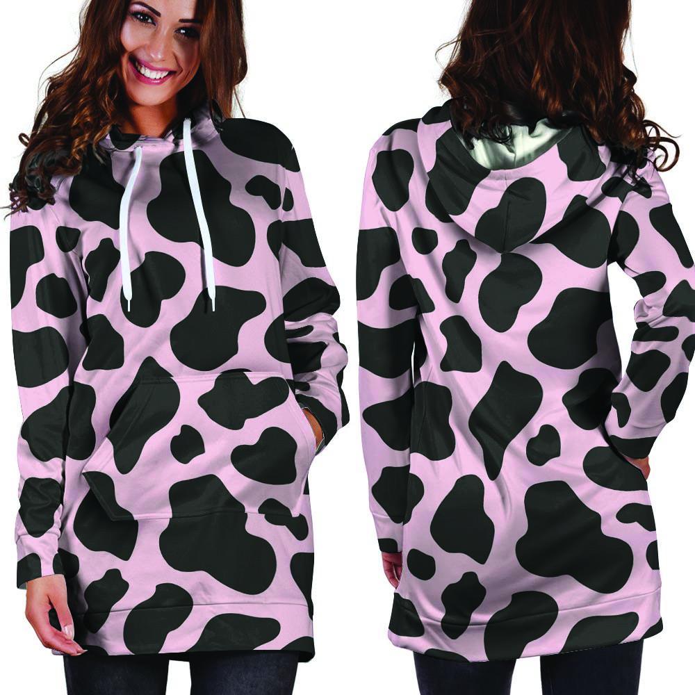 Black And Pink Cow Print Hoodie Dress-grizzshop