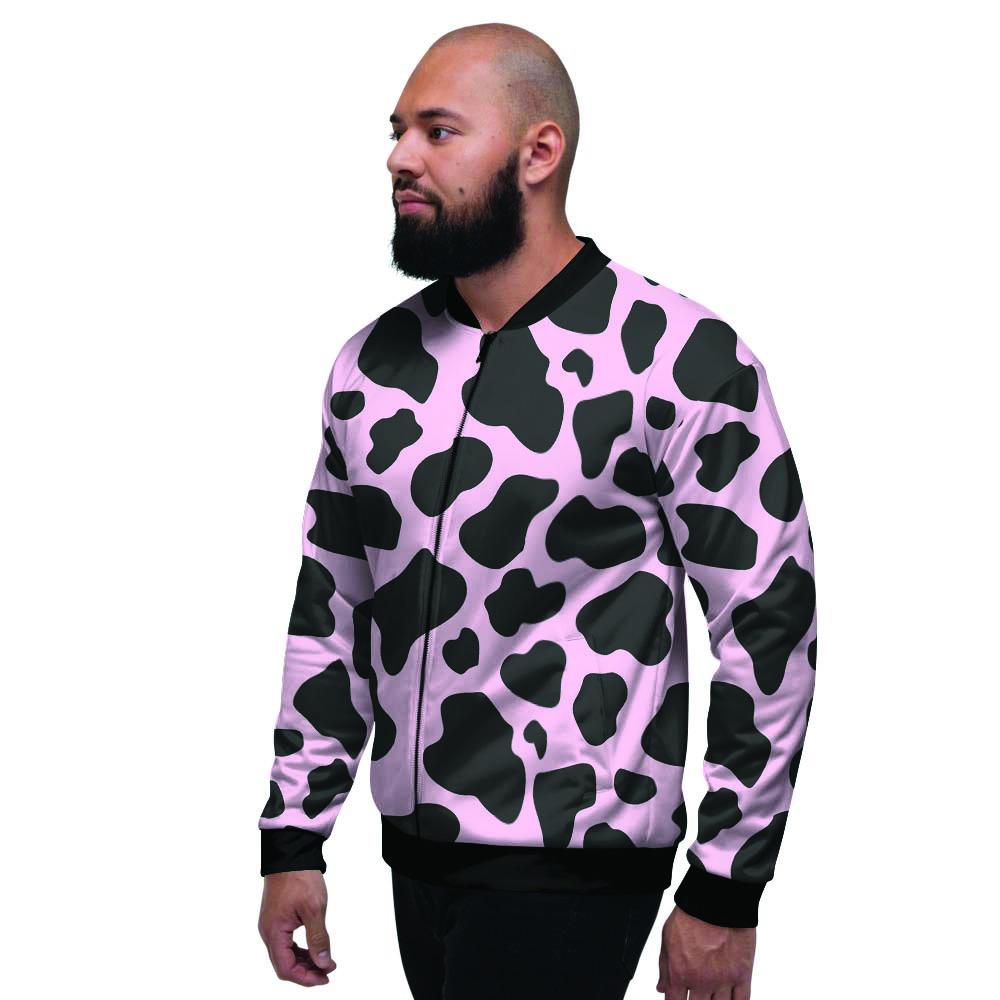 Black And Pink Cow Print Men's Bomber Jacket-grizzshop