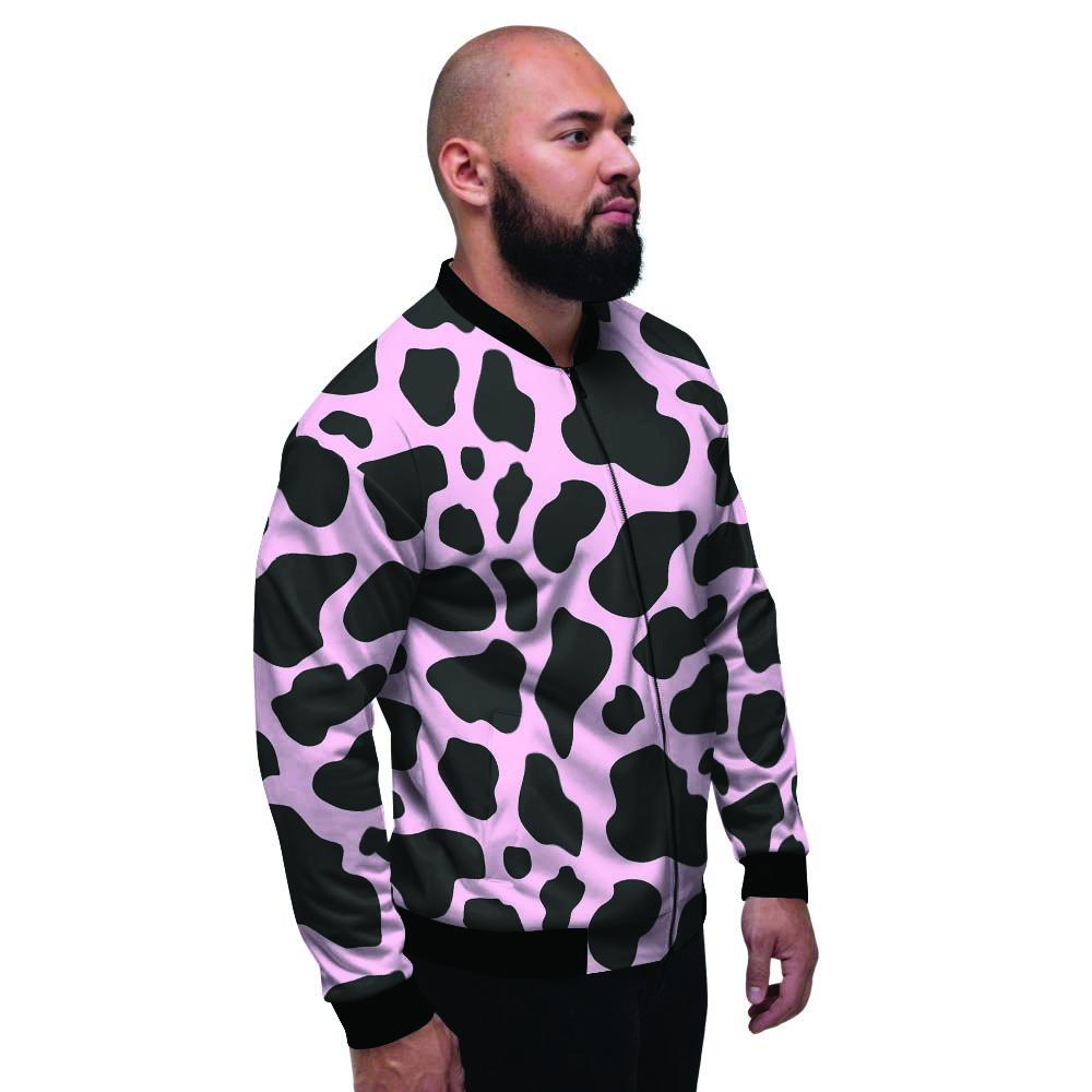 Black And Pink Cow Print Men's Bomber Jacket-grizzshop