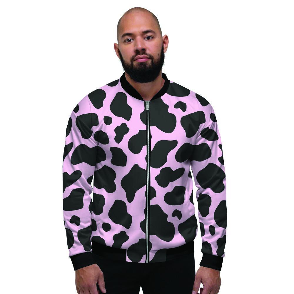 Black And Pink Cow Print Men's Bomber Jacket-grizzshop