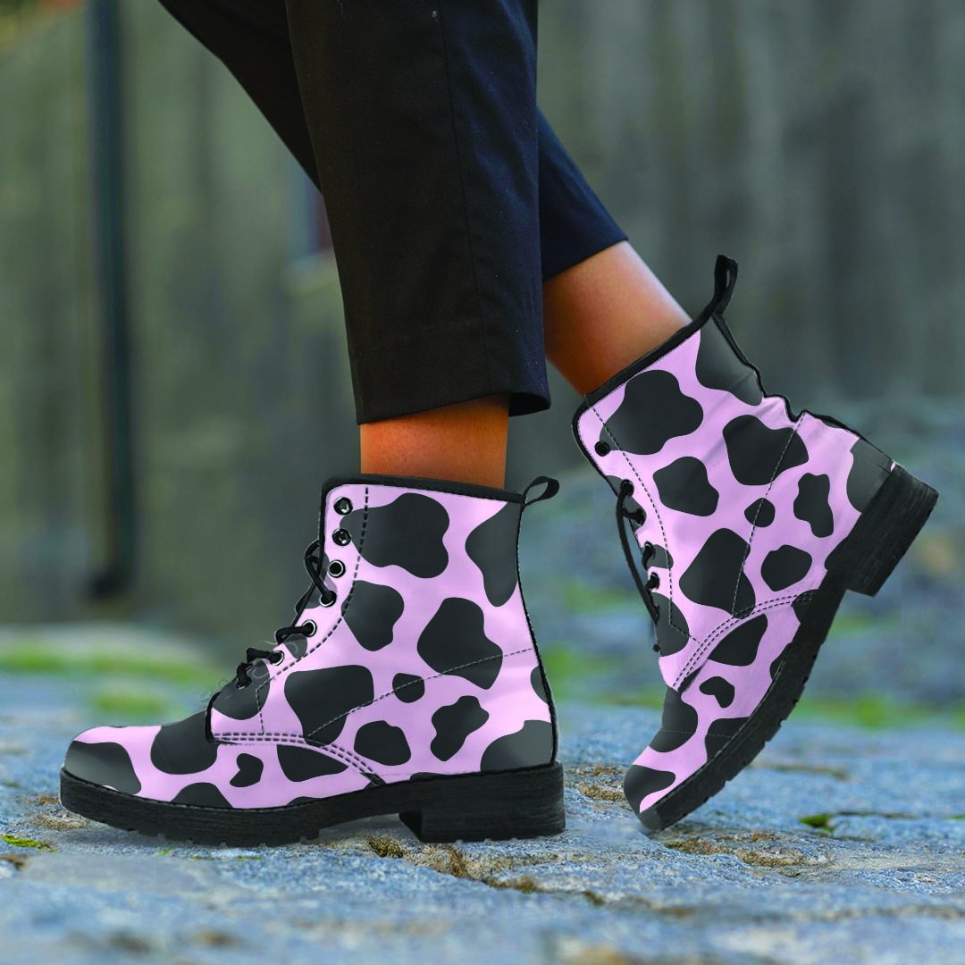 Black And Pink Cow Print Men's Boots-grizzshop