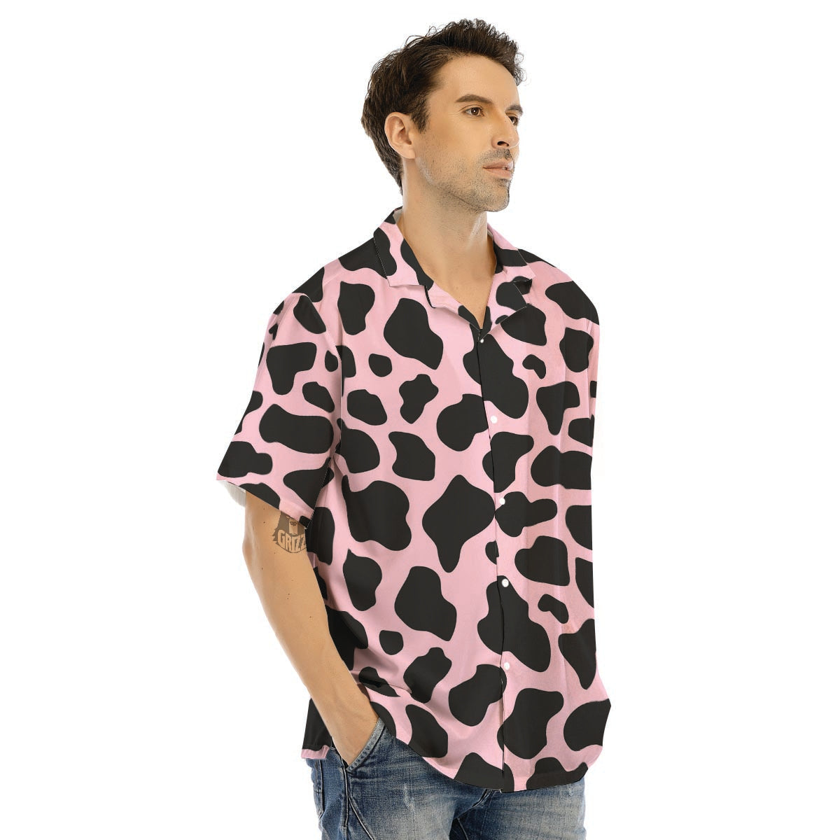 Black And Pink Cow Print Men’s Hawaiian Shirt-grizzshop