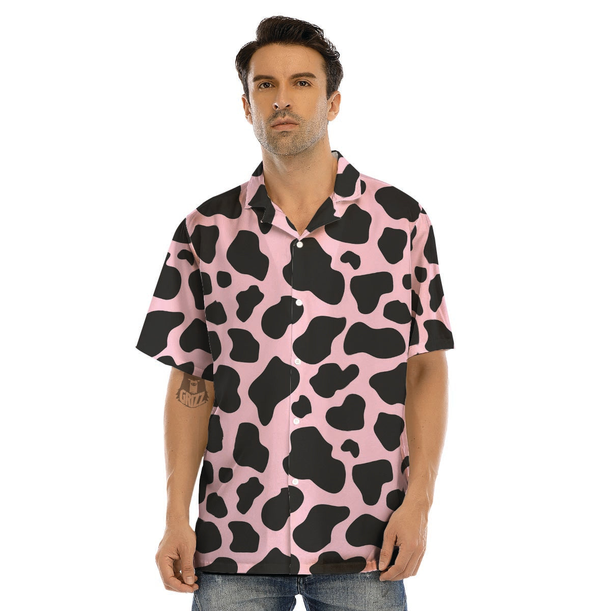 Black And Pink Cow Print Men’s Hawaiian Shirt-grizzshop
