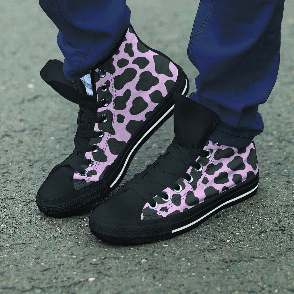 Black And Pink Cow Print Men's High Top Shoes-grizzshop