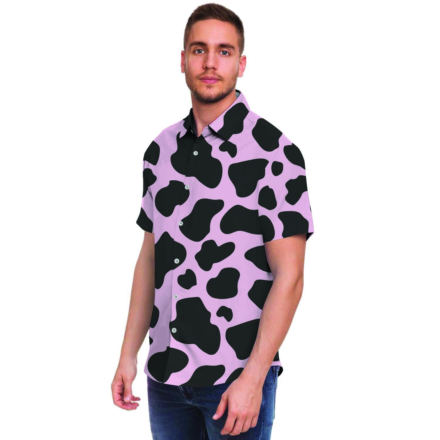 Black And Pink Cow Print Men's Short Sleeve Shirt-grizzshop