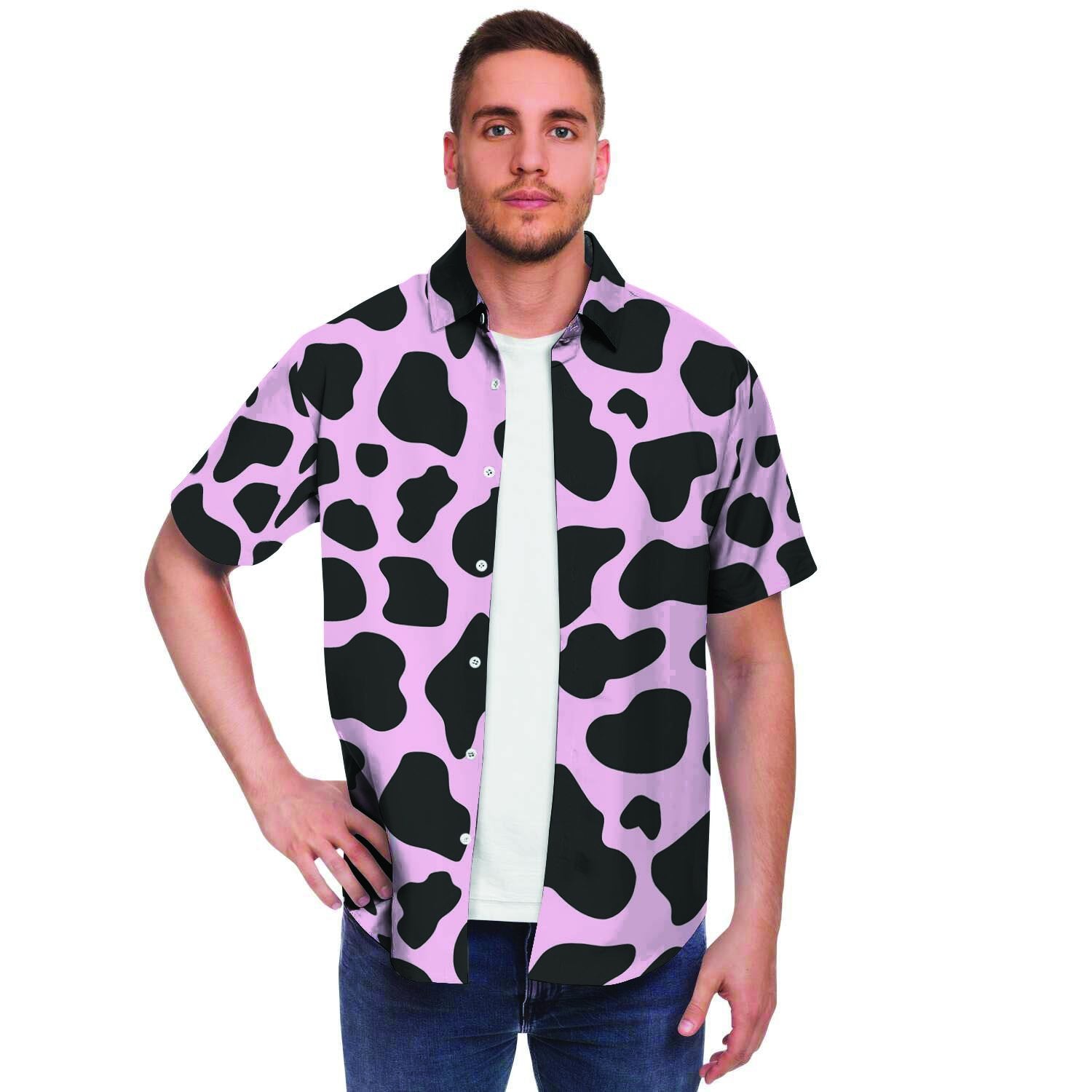 Black And Pink Cow Print Men's Short Sleeve Shirt-grizzshop