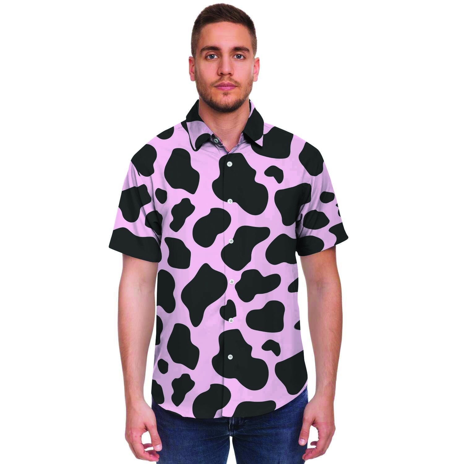 Black And Pink Cow Print Men's Short Sleeve Shirt-grizzshop