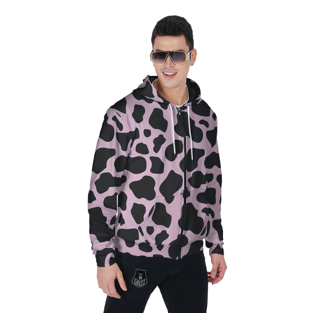 Black And Pink Cow Print Men's Zip Up Hoodie-grizzshop