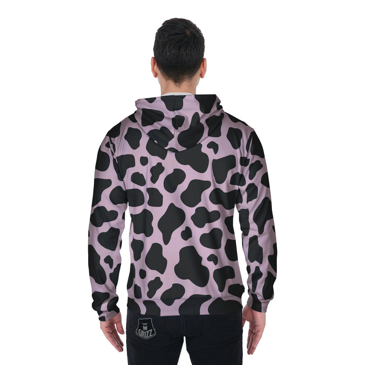 Black And Pink Cow Print Men's Zip Up Hoodie-grizzshop