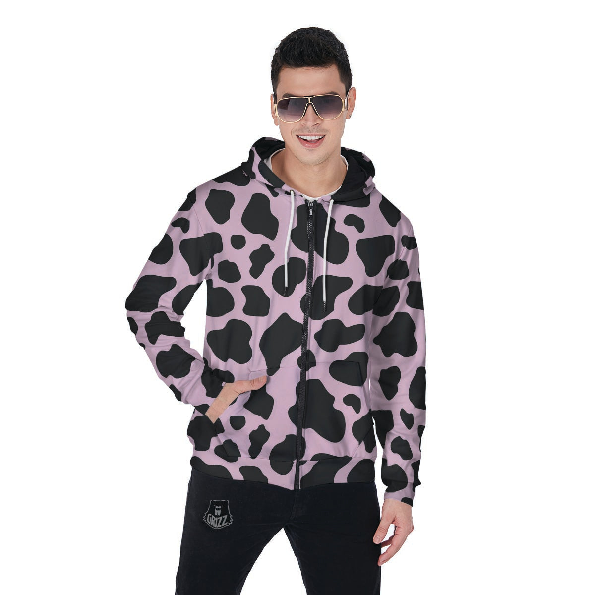 Black And Pink Cow Print Men's Zip Up Hoodie-grizzshop