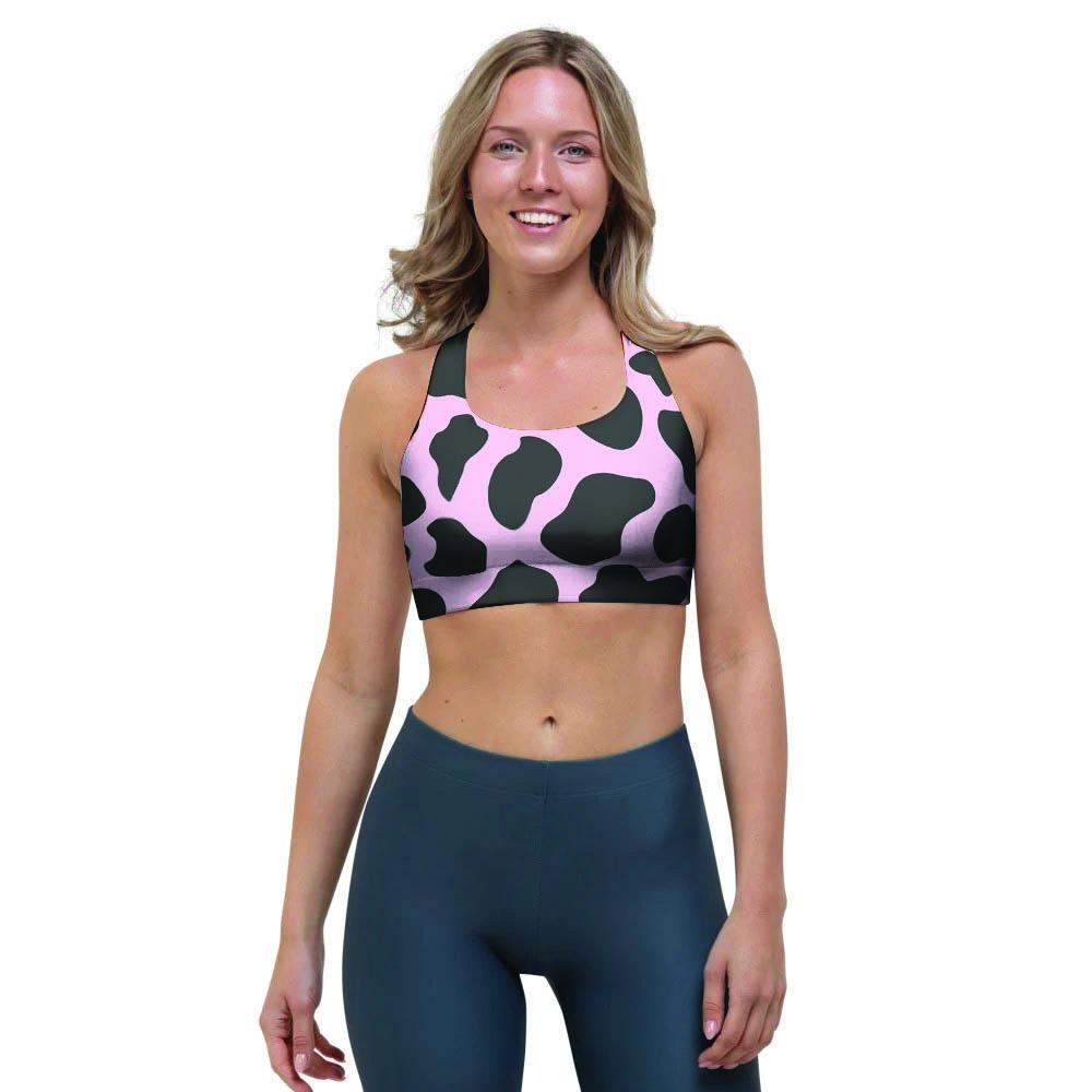 Black And Pink Cow Print Sports Bra-grizzshop