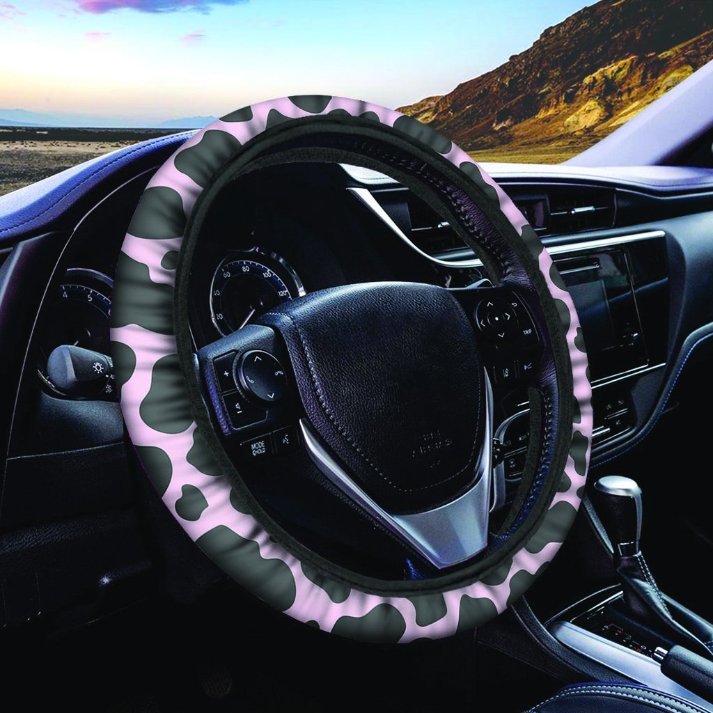 Black And Pink Cow Print Steering Wheel Cover-grizzshop