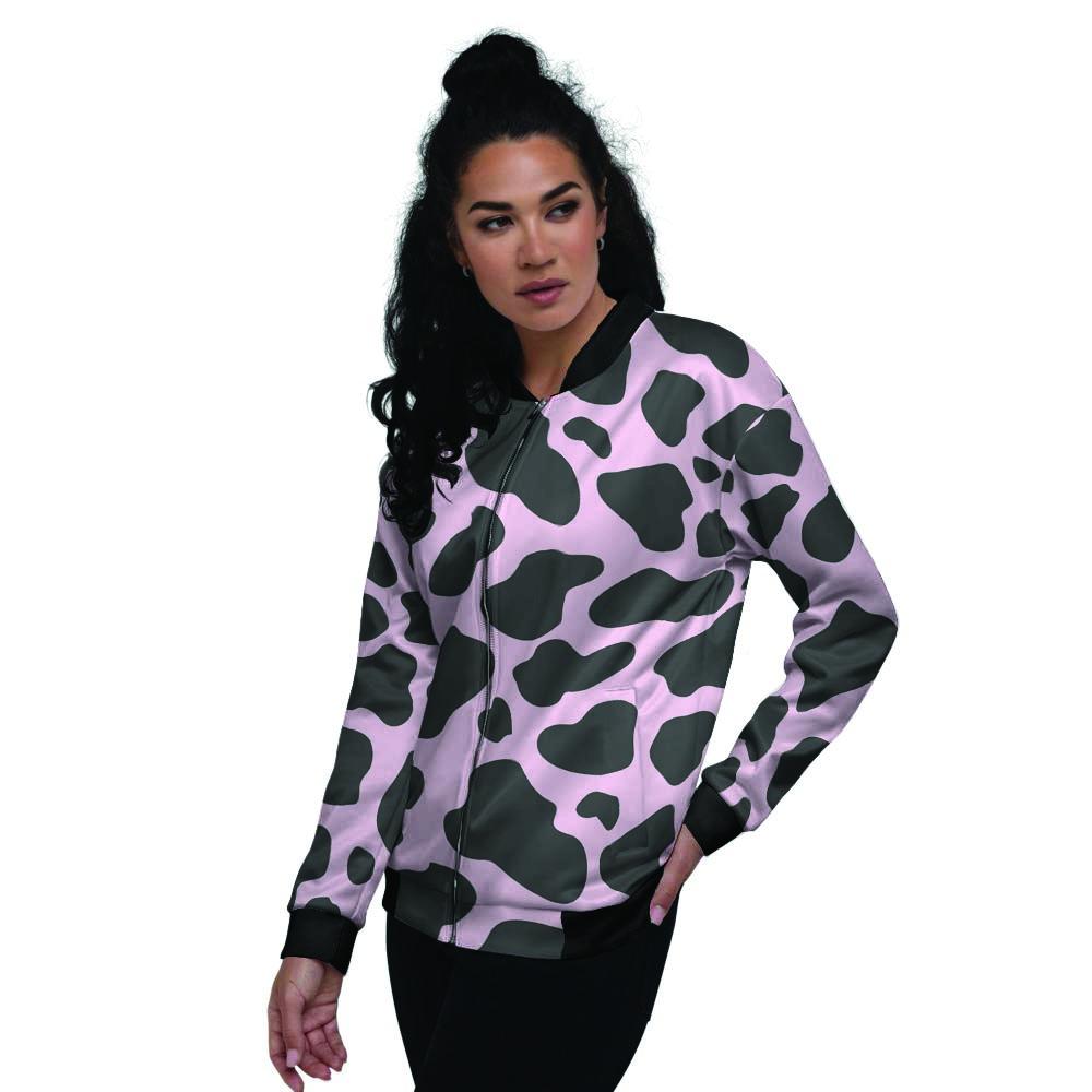 Black And Pink Cow Print Women's Bomber Jacket-grizzshop