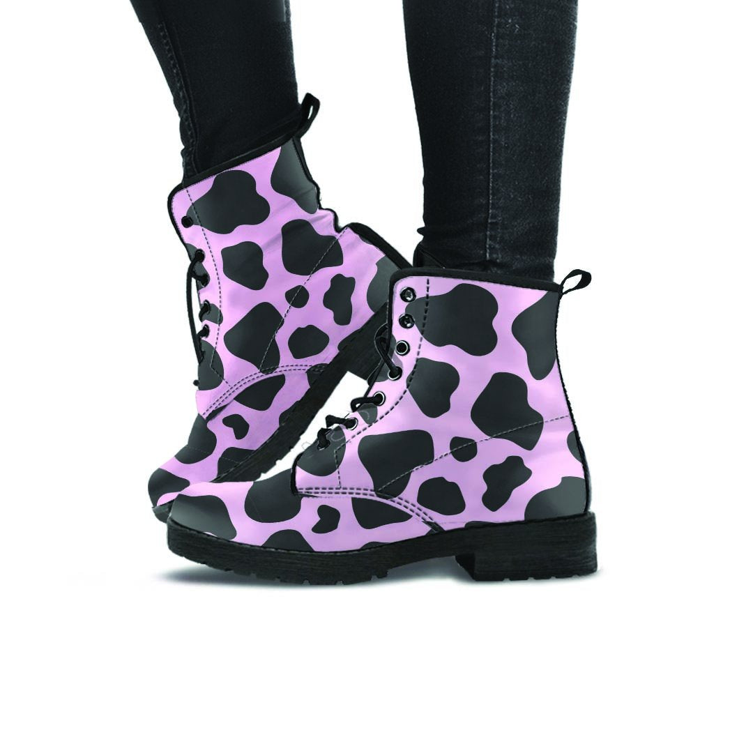 Black And Pink Cow Print Women's Boots-grizzshop