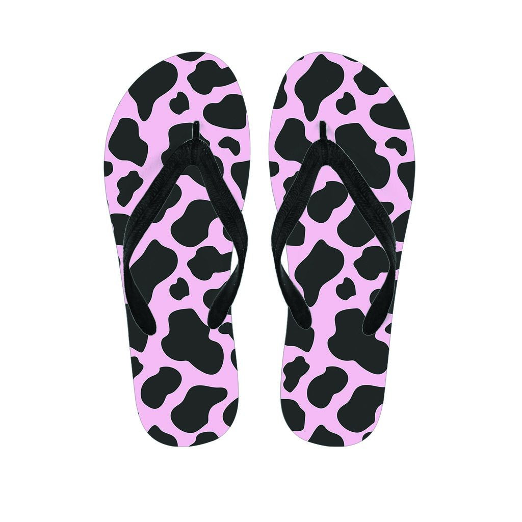 Black And Pink Cow Print Women's Flip Flops-grizzshop