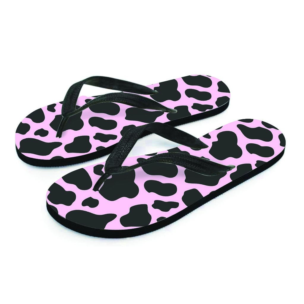 Black And Pink Cow Print Women's Flip Flops-grizzshop