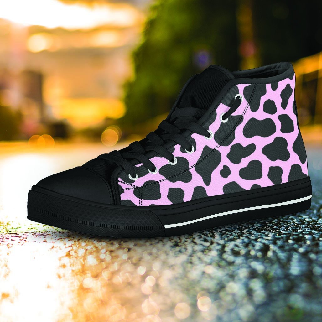 Black And Pink Cow Print Women's High Top Shoes-grizzshop