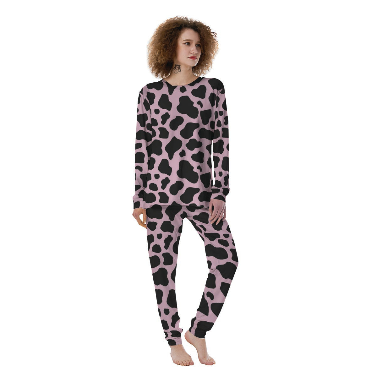 Black And Pink Cow Print Women's Pajamas-grizzshop