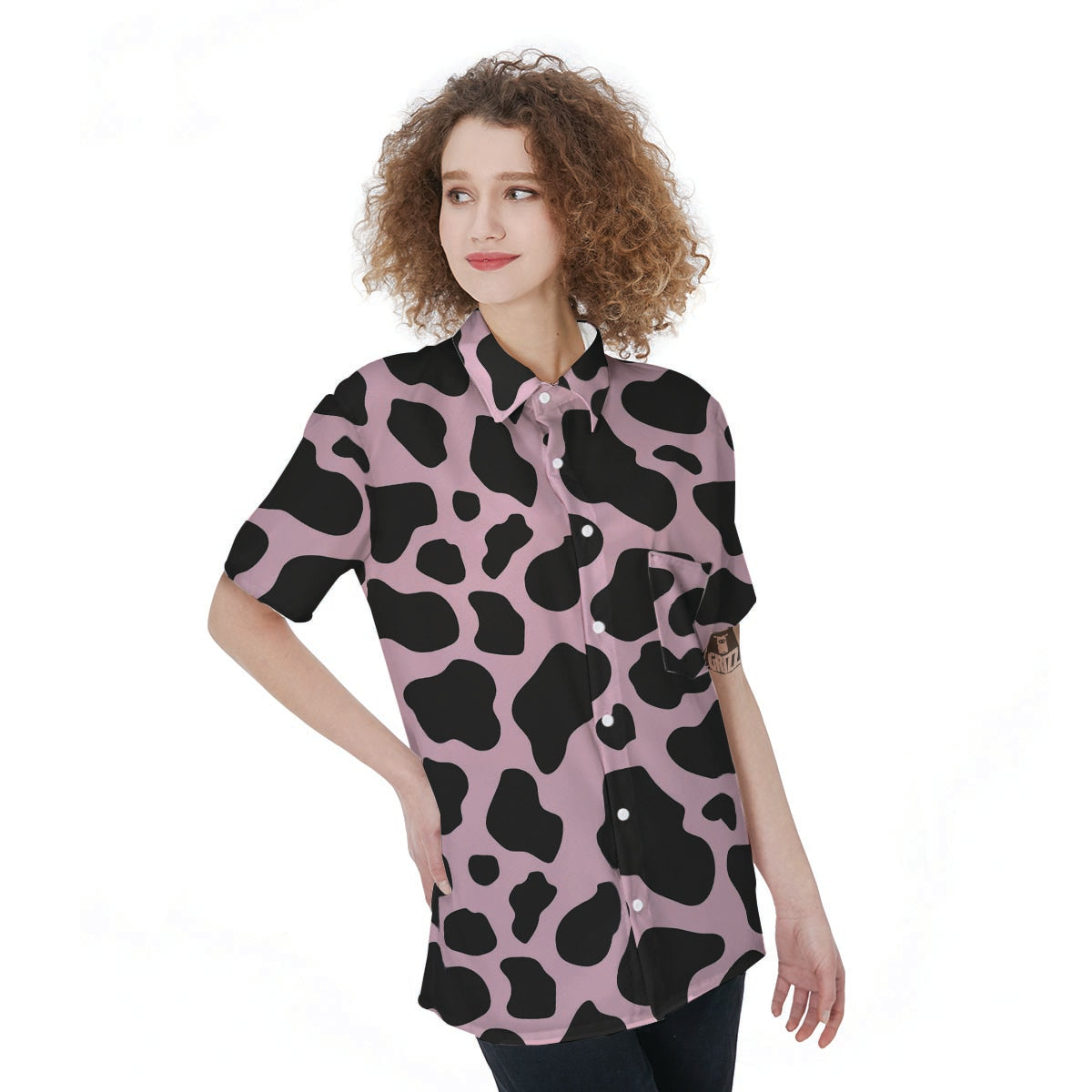 Black And Pink Cow Print Women's Short Sleeve Shirts-grizzshop