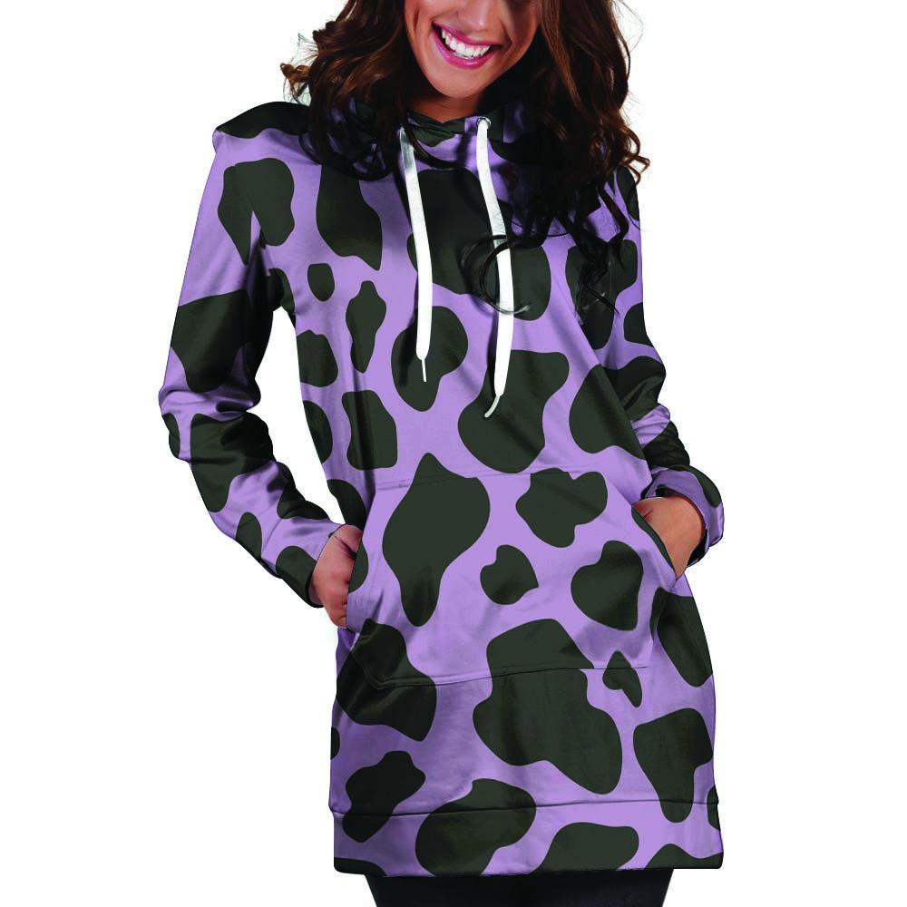 Black And Purple Cow Print Hoodie Dress-grizzshop