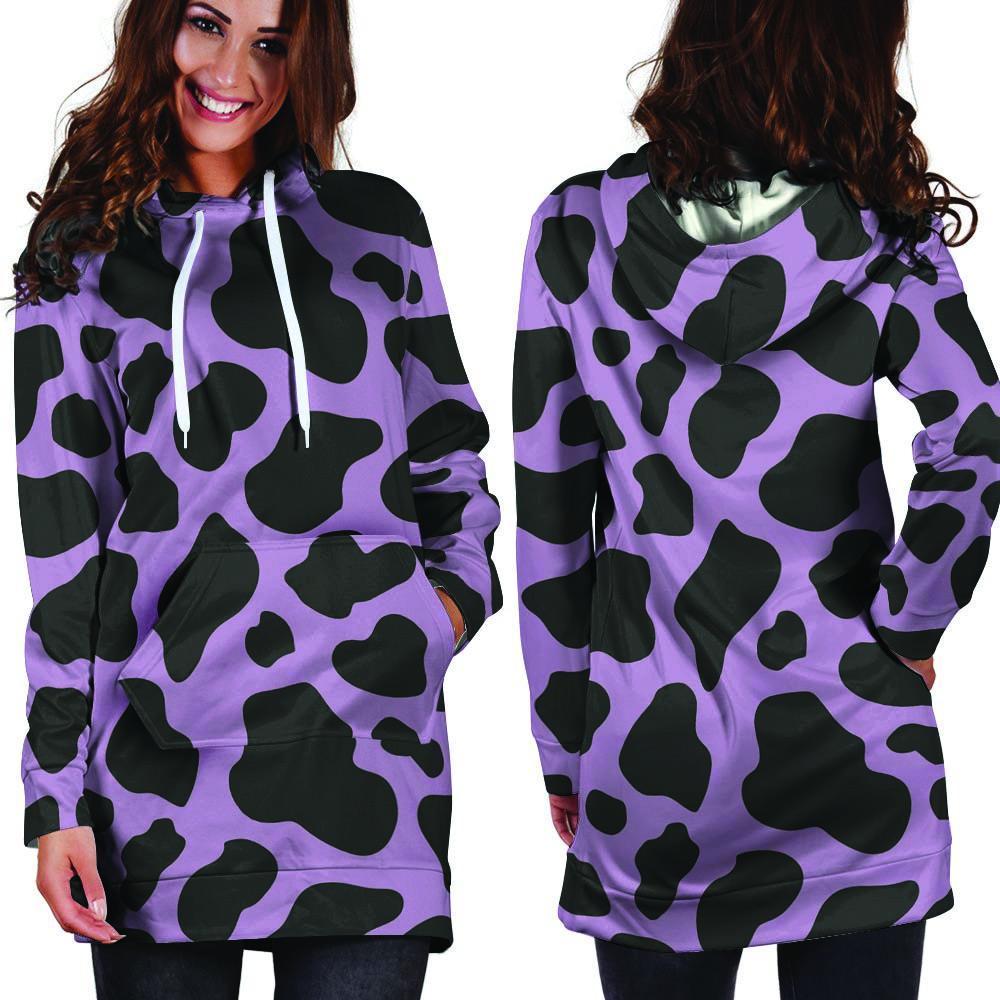 Black And Purple Cow Print Hoodie Dress-grizzshop