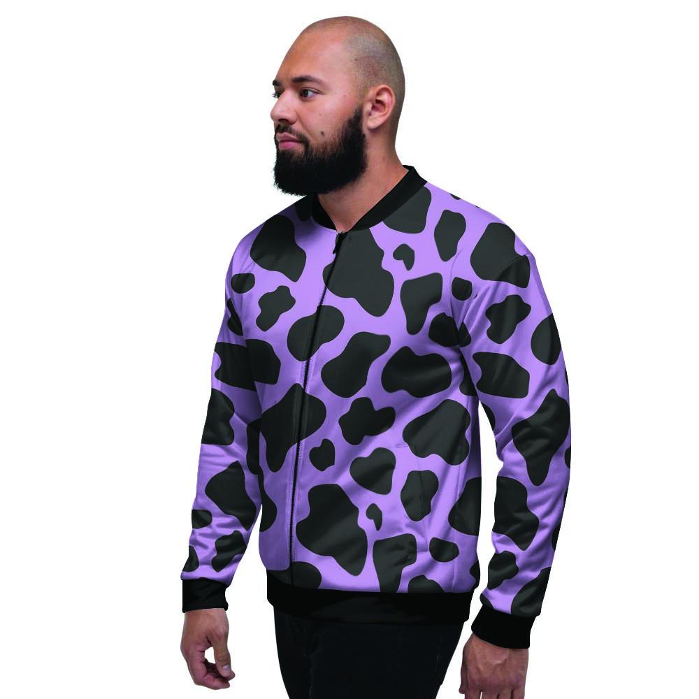 Black And Purple Cow Print Men's Bomber Jacket-grizzshop