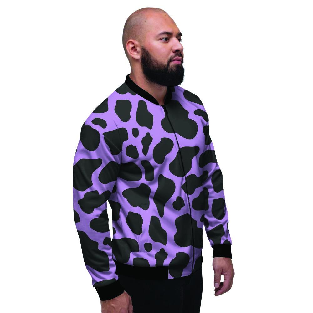 Black And Purple Cow Print Men's Bomber Jacket-grizzshop