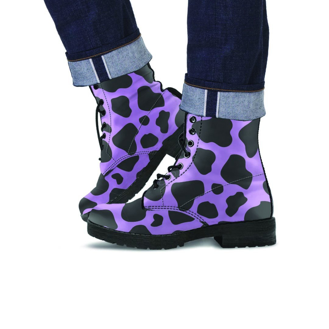 Black And Purple Cow Print Men's Boots-grizzshop