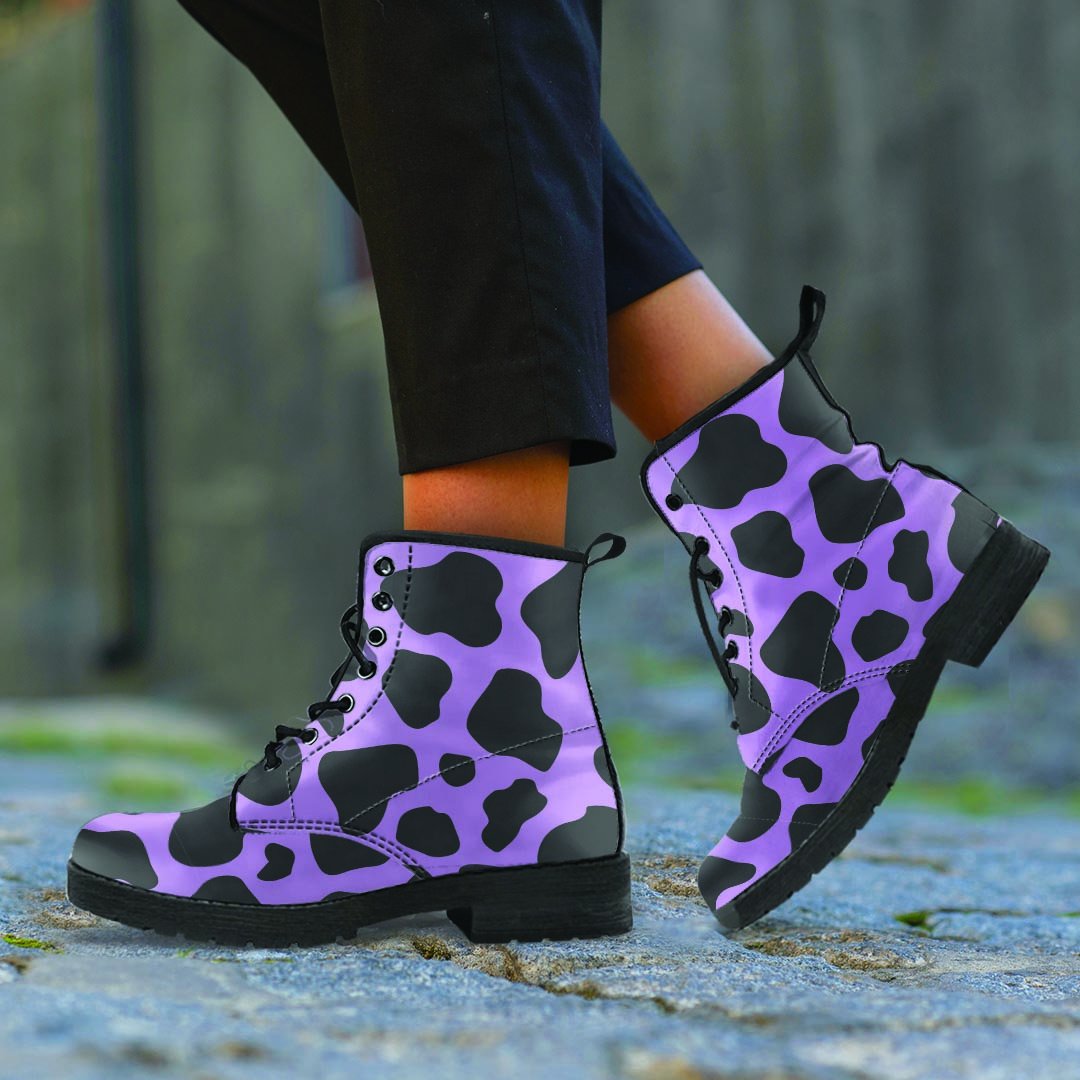 Black And Purple Cow Print Men's Boots-grizzshop