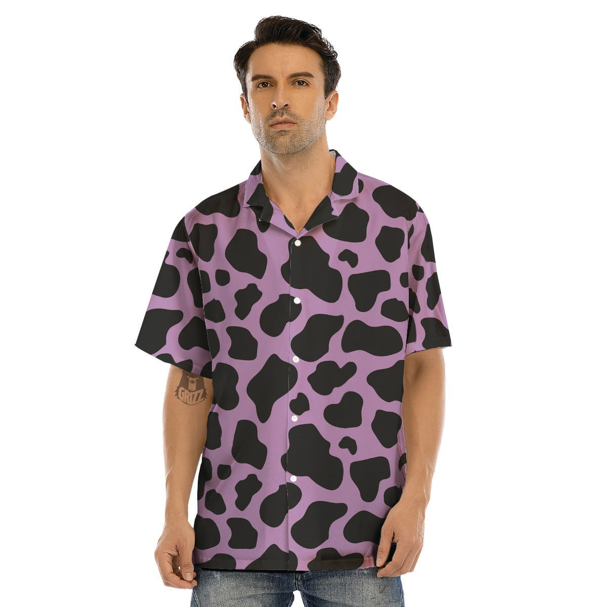 Black And Purple Cow Print Men’s Hawaiian Shirt-grizzshop