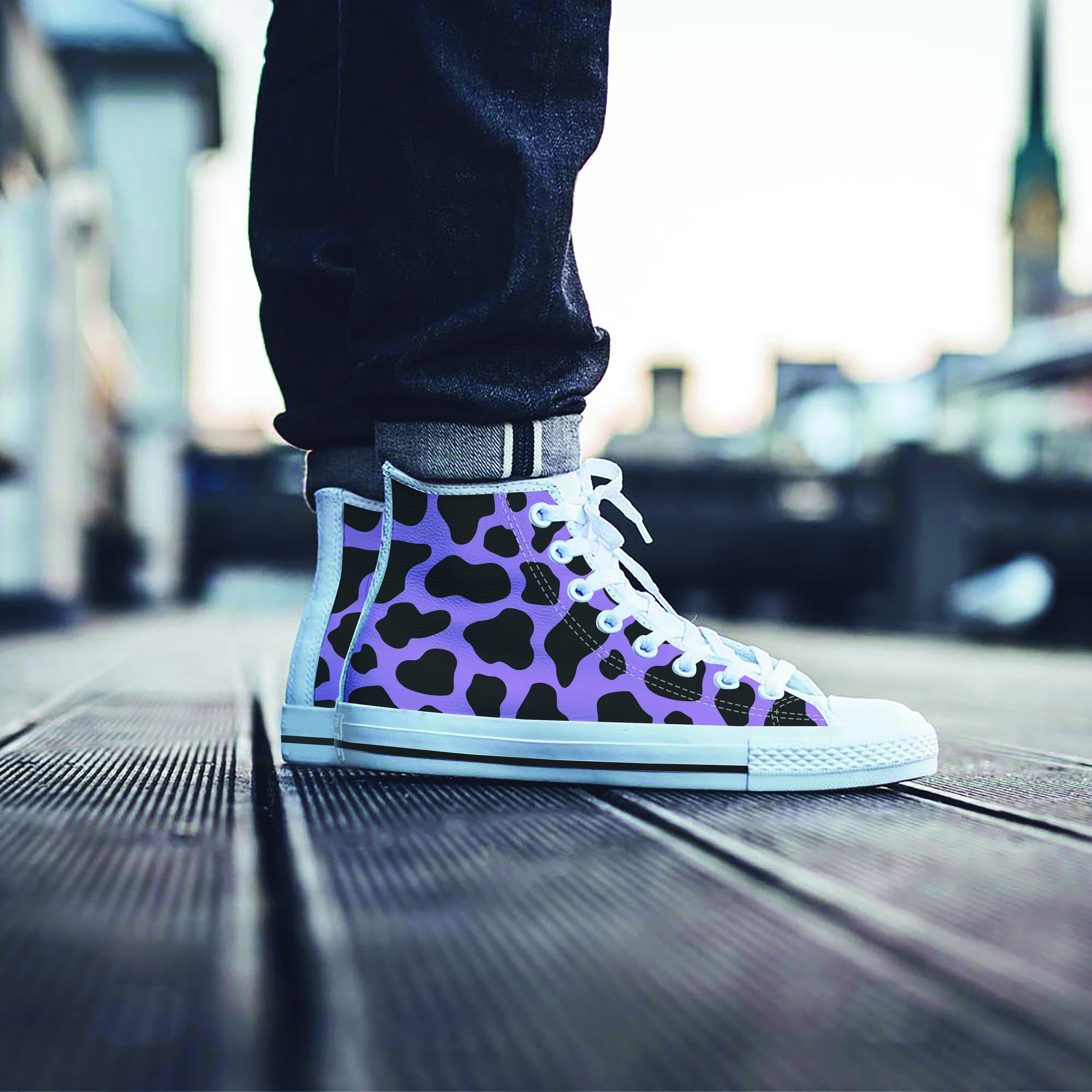 Black And Purple Cow Print Men's High Top Shoes-grizzshop