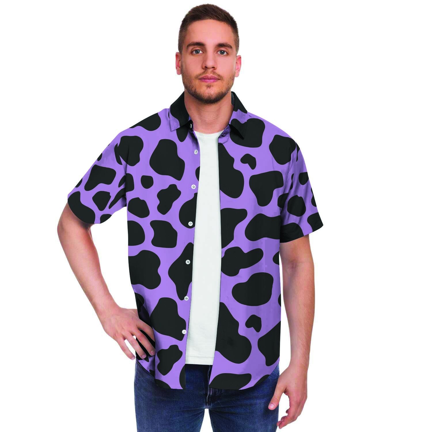 Black And Purple Cow Print Men's Short Sleeve Shirt-grizzshop