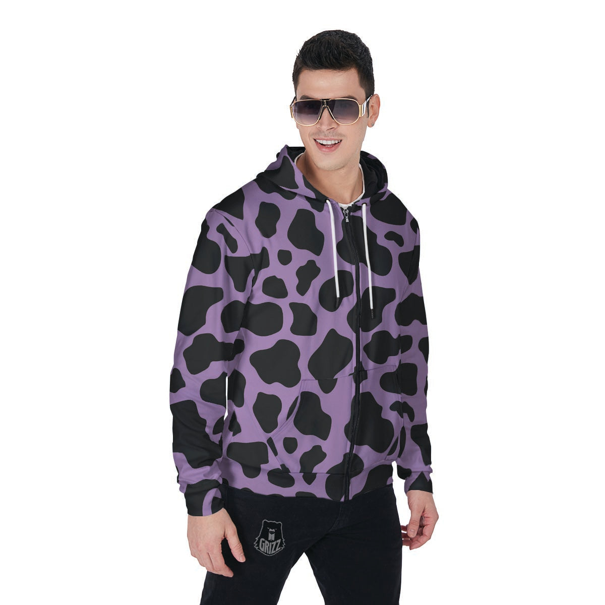 Black And Purple Cow Print Men's Zip Up Hoodie-grizzshop