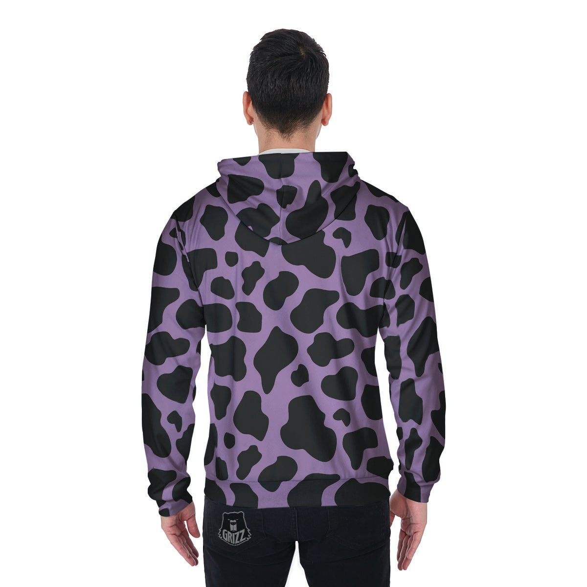 Black And Purple Cow Print Men's Zip Up Hoodie-grizzshop