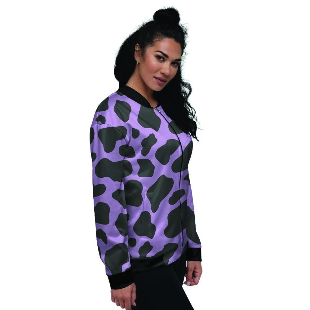 Black And Purple Cow Print Women's Bomber Jacket-grizzshop
