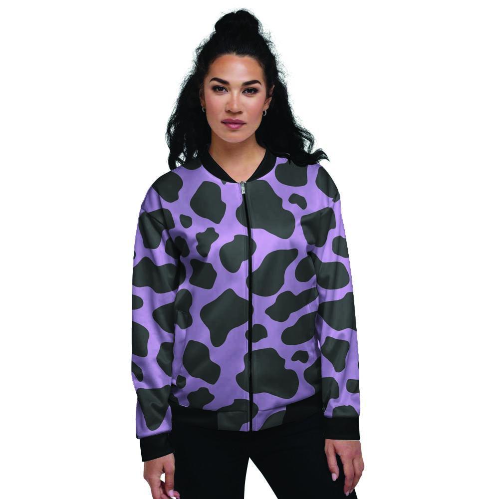 Black And Purple Cow Print Women's Bomber Jacket-grizzshop