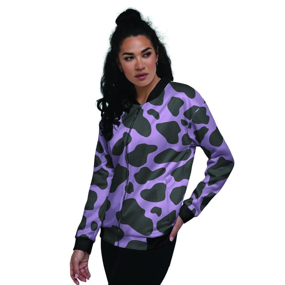 Black And Purple Cow Print Women's Bomber Jacket-grizzshop