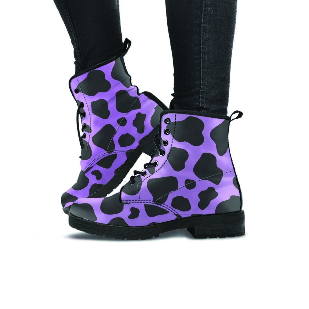 Black And Purple Cow Print Women's Boots-grizzshop